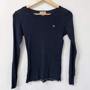 Abercrombie Y2K Moose Embroidered Long Sleeve T Shirt Womens M Navy Blue Fitted